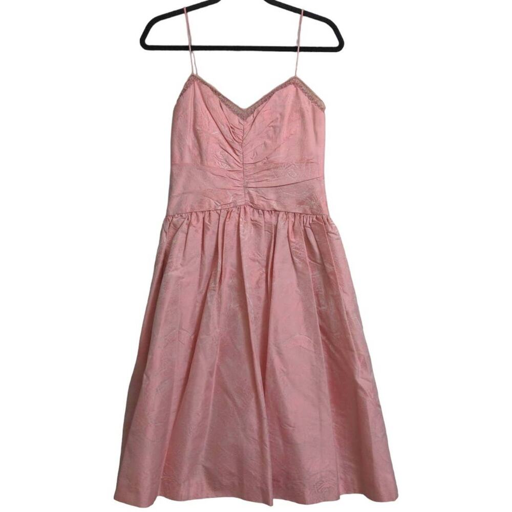 Badgley Mischka Womens Fit & Flare Dress Pink Ruched Midi Spaghetti Strap Silk 6